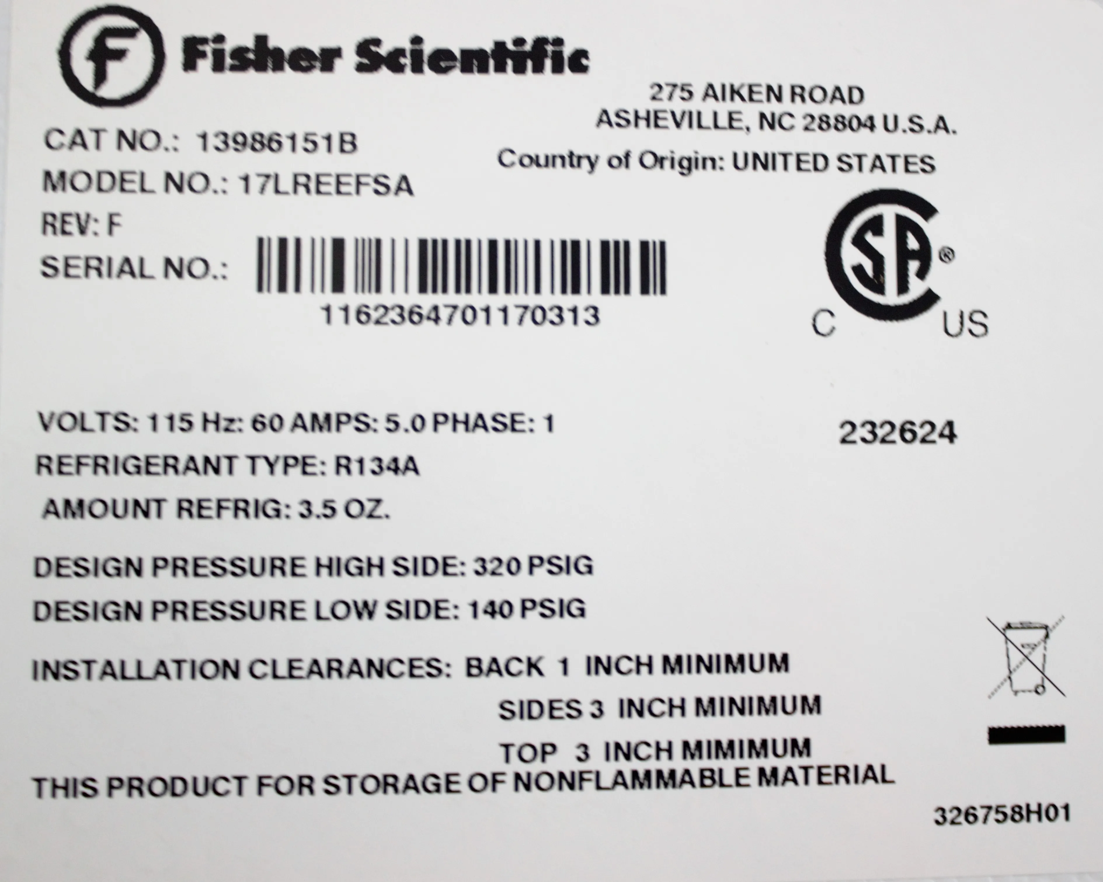 Fisher Scientific 17LREEFSA Laboratory Refrigerator - Scrap