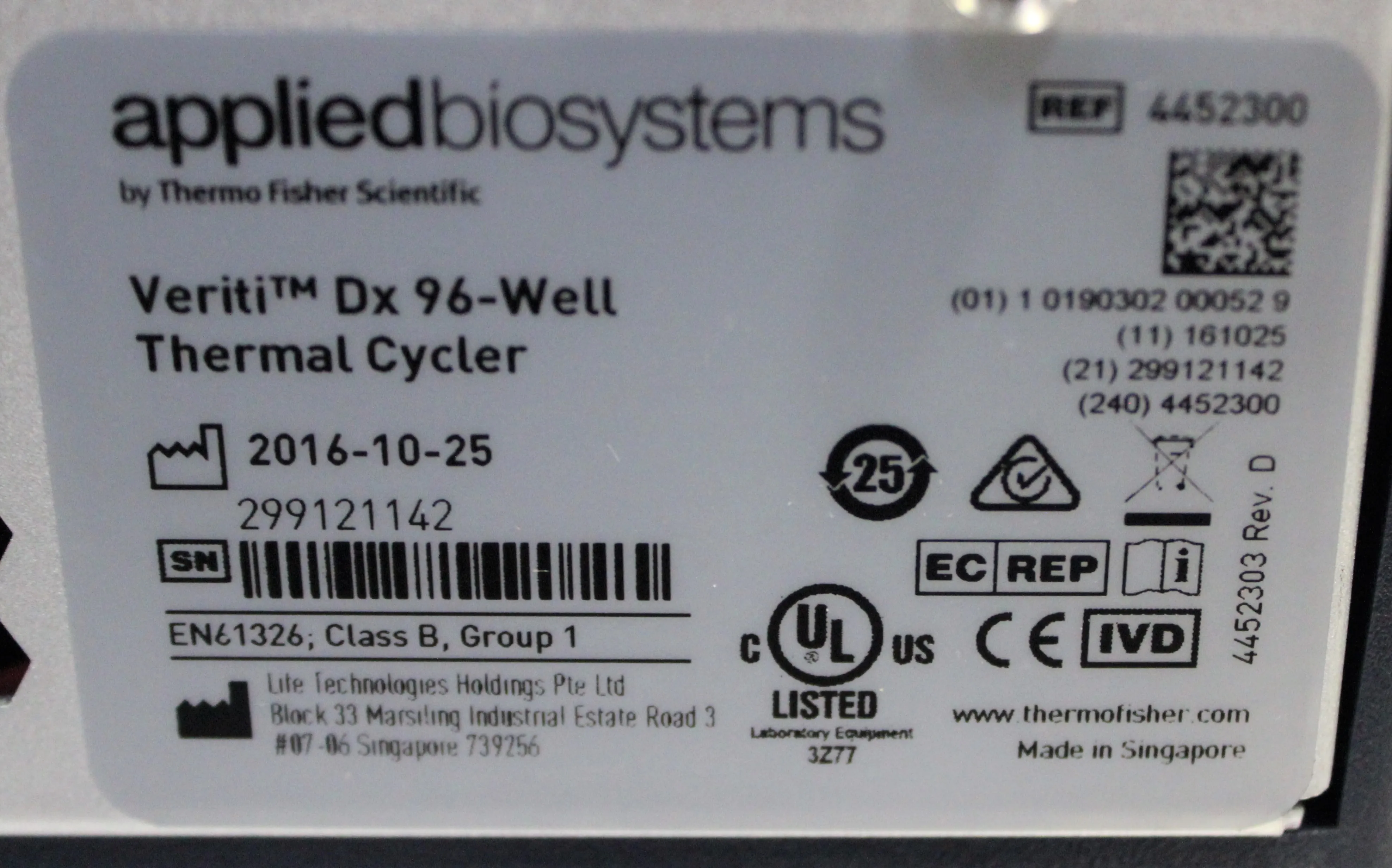 Applied Biosystems Veriti Dx 96-Well Thermal Cycler, Model 4452300 PCR Machine