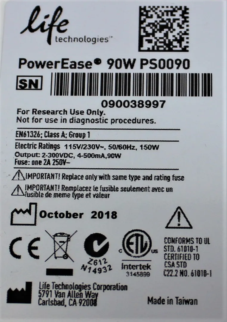 Life Technologies PowerEase 90W PS0090 Power Supply for Electrophoresis