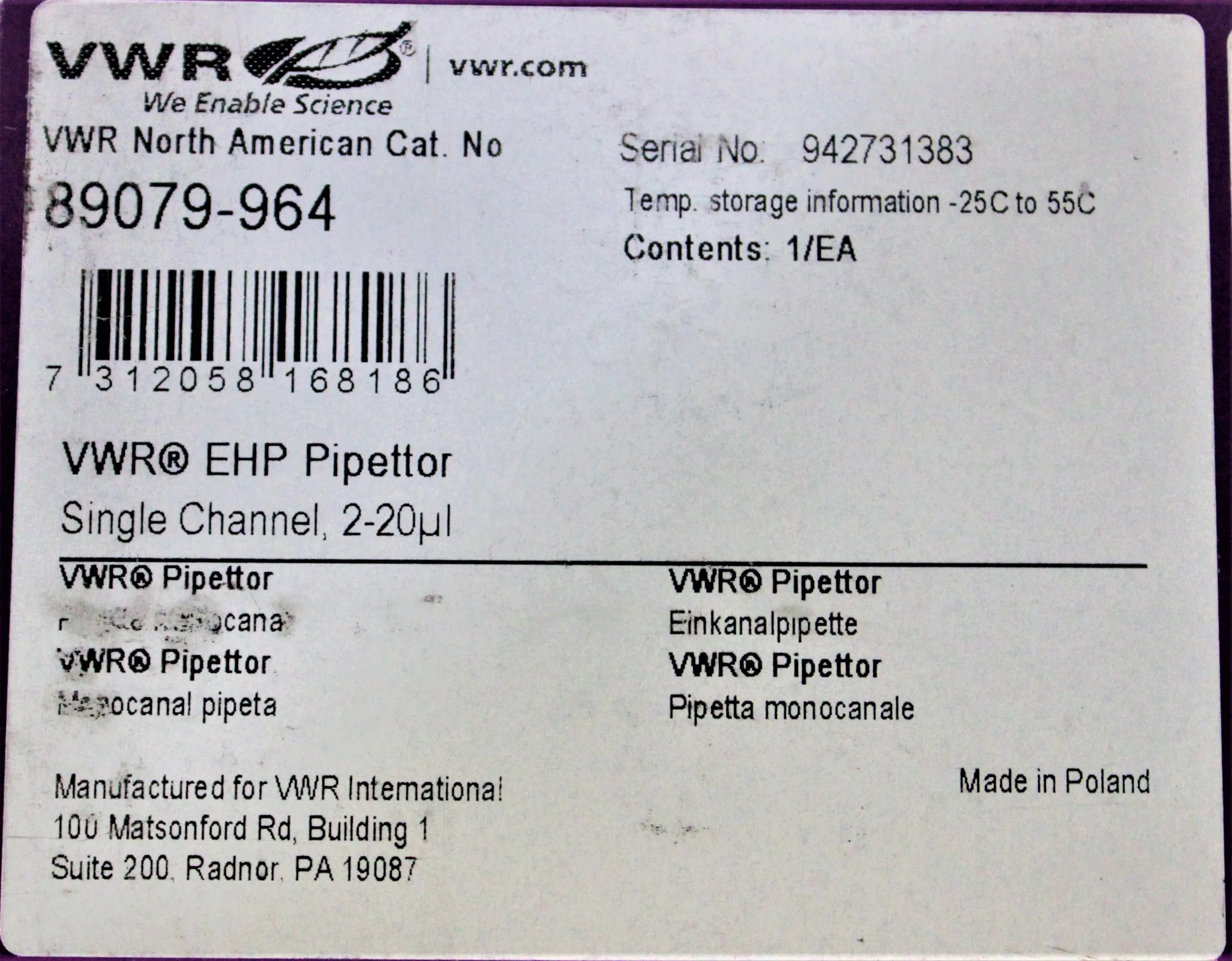 VWR VE10 Single Channel Pipettor 100 uL Liquid Handling Unit - Used Lab Equipment