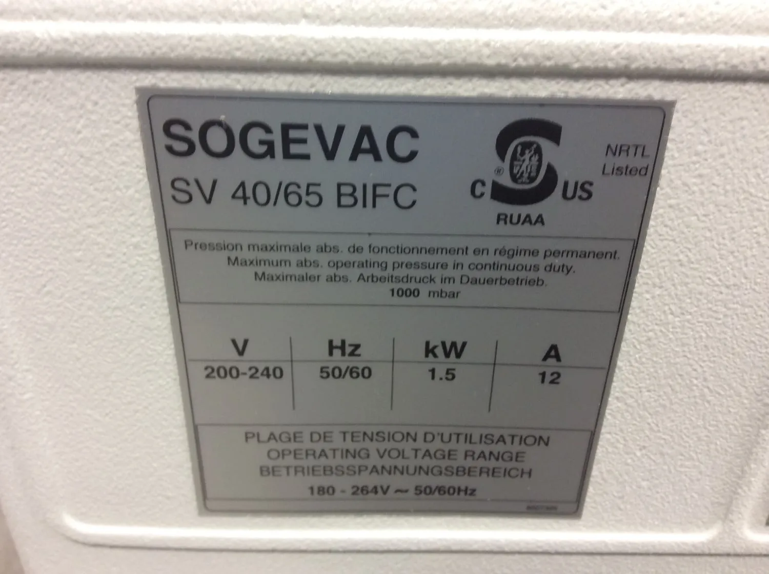 Used Sogevac SV65 BI FC Vacuum Pump 1.1 Torr, Excellent Overall Condition, Fully Functional