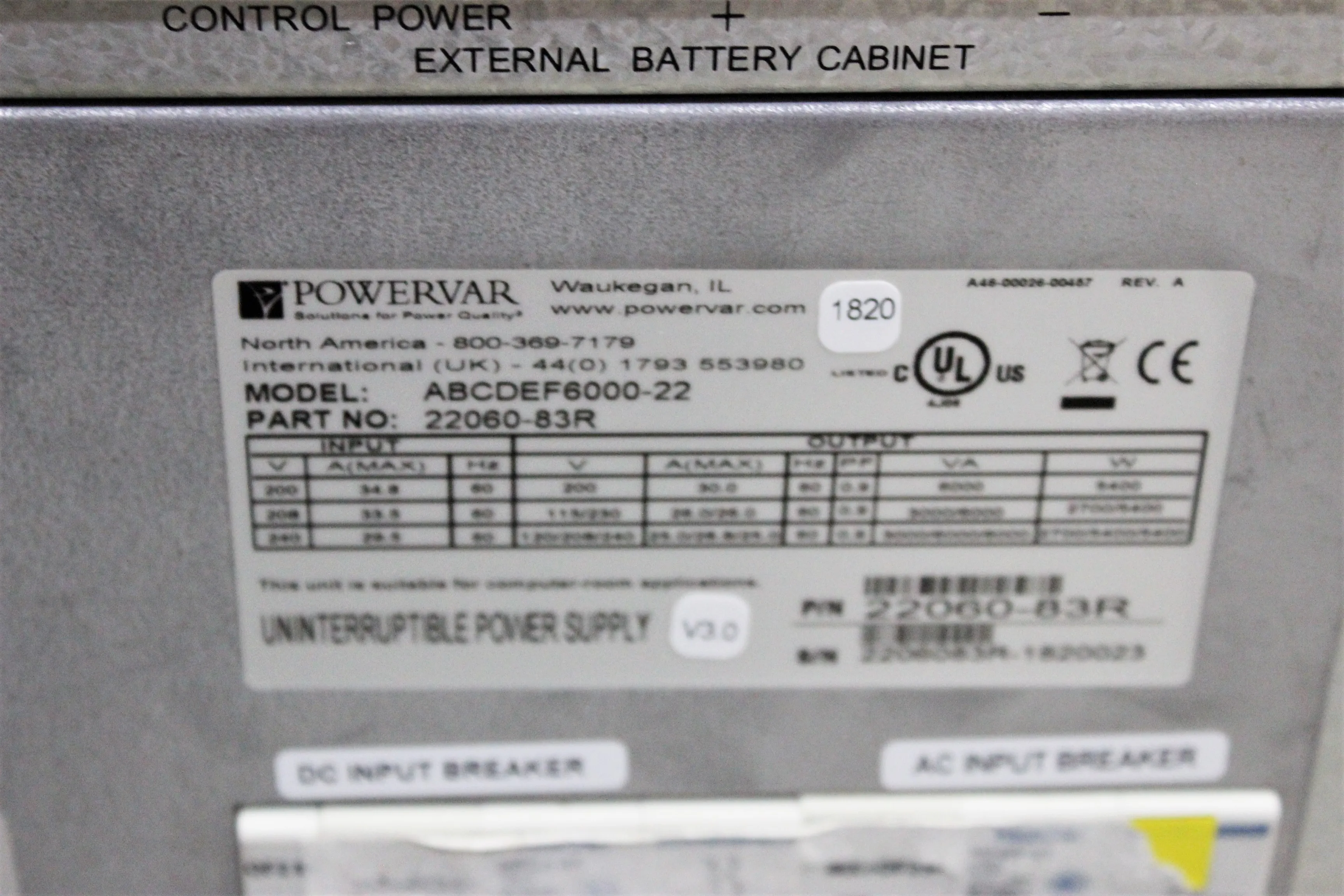 Used Powervar ABCDEF6000-22 Power Supply - UPS