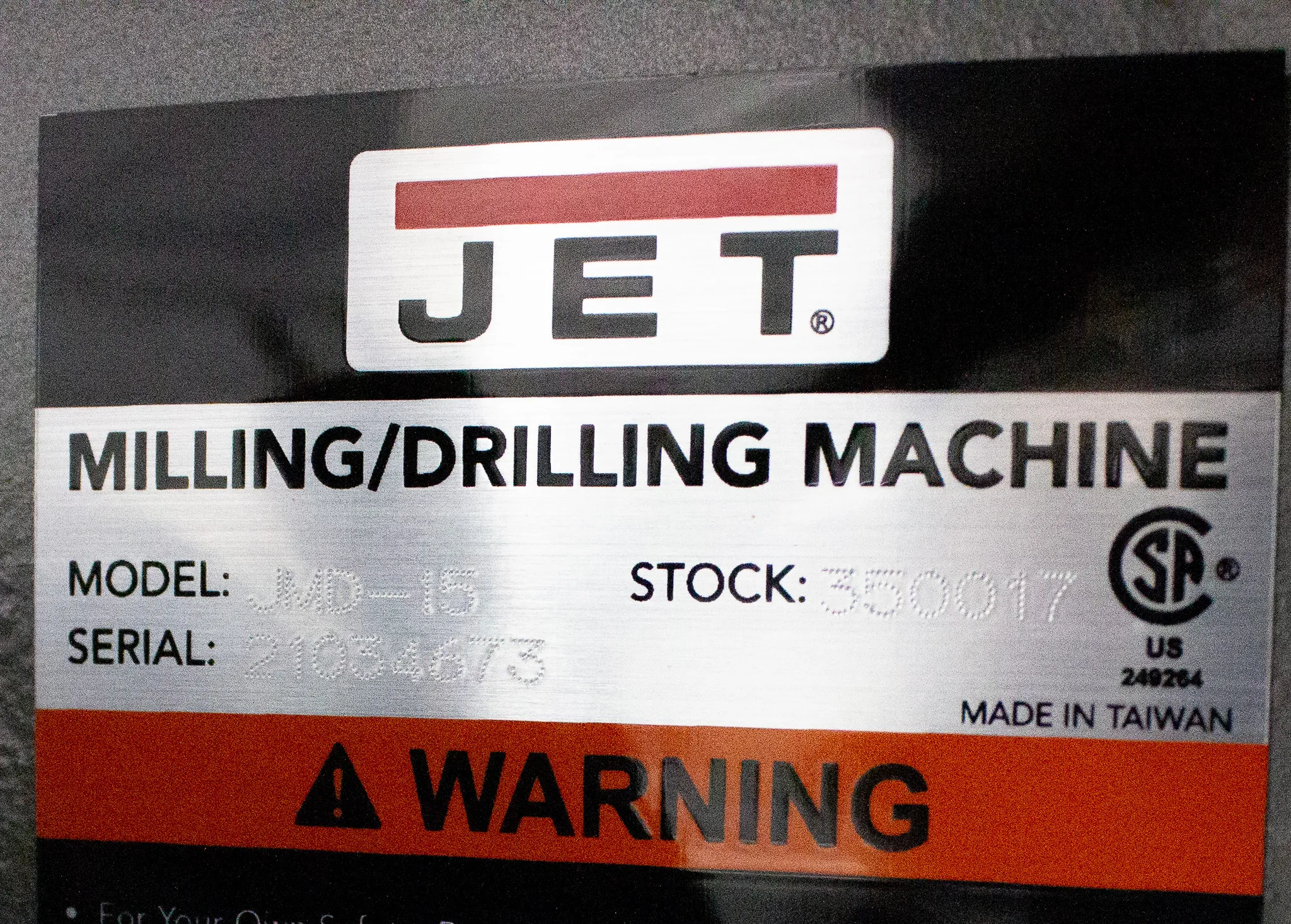 JET Model JMD-15 Milling/Drilling Machine 350017 w/ Dolly