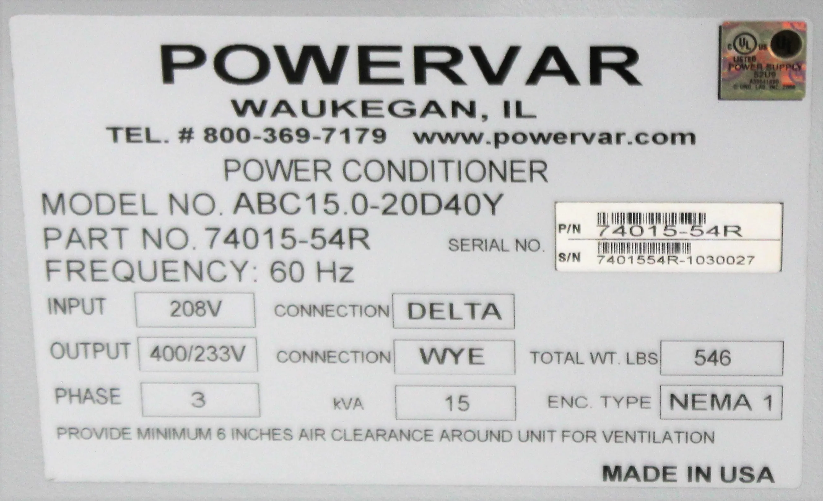 Powervar ABC15.0-20D40Y GPI Series 2000 15 kVA Power Conditioner Transformer