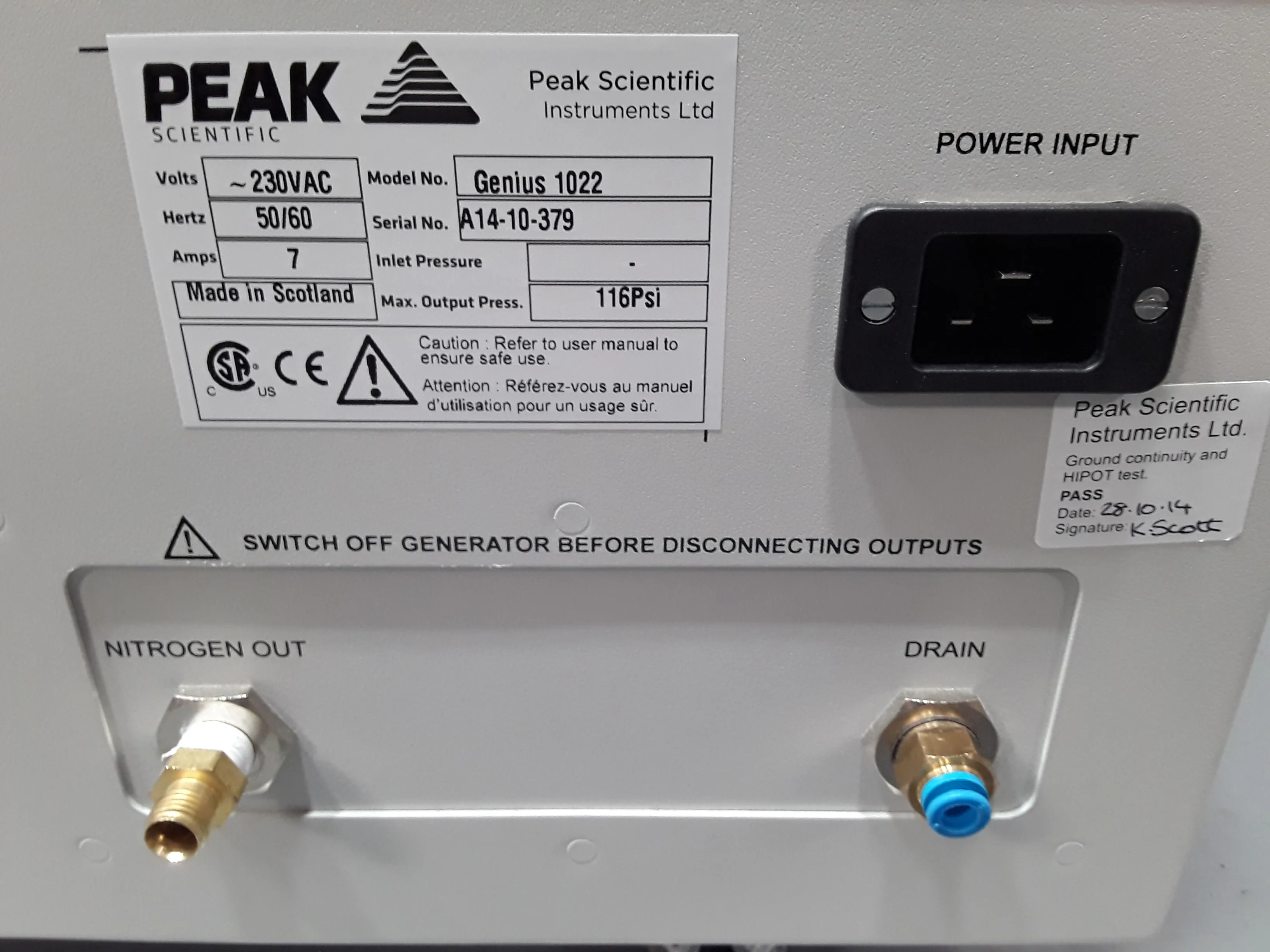 Peak Scientific Genius 1022 Nitrogen Gas Generator