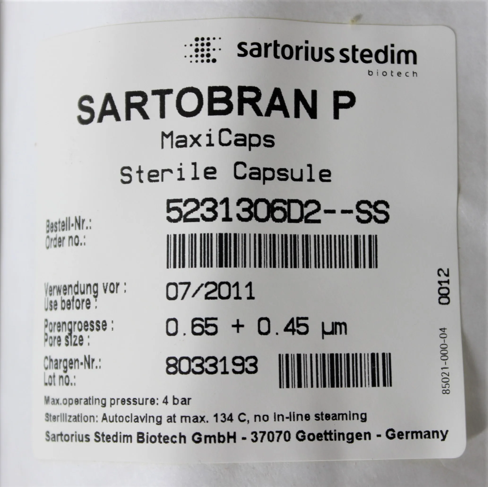 Sartorius Sartobran P MaxiCaps Sterile Capsule 5231306D2-SS 0.65um + 0.45um