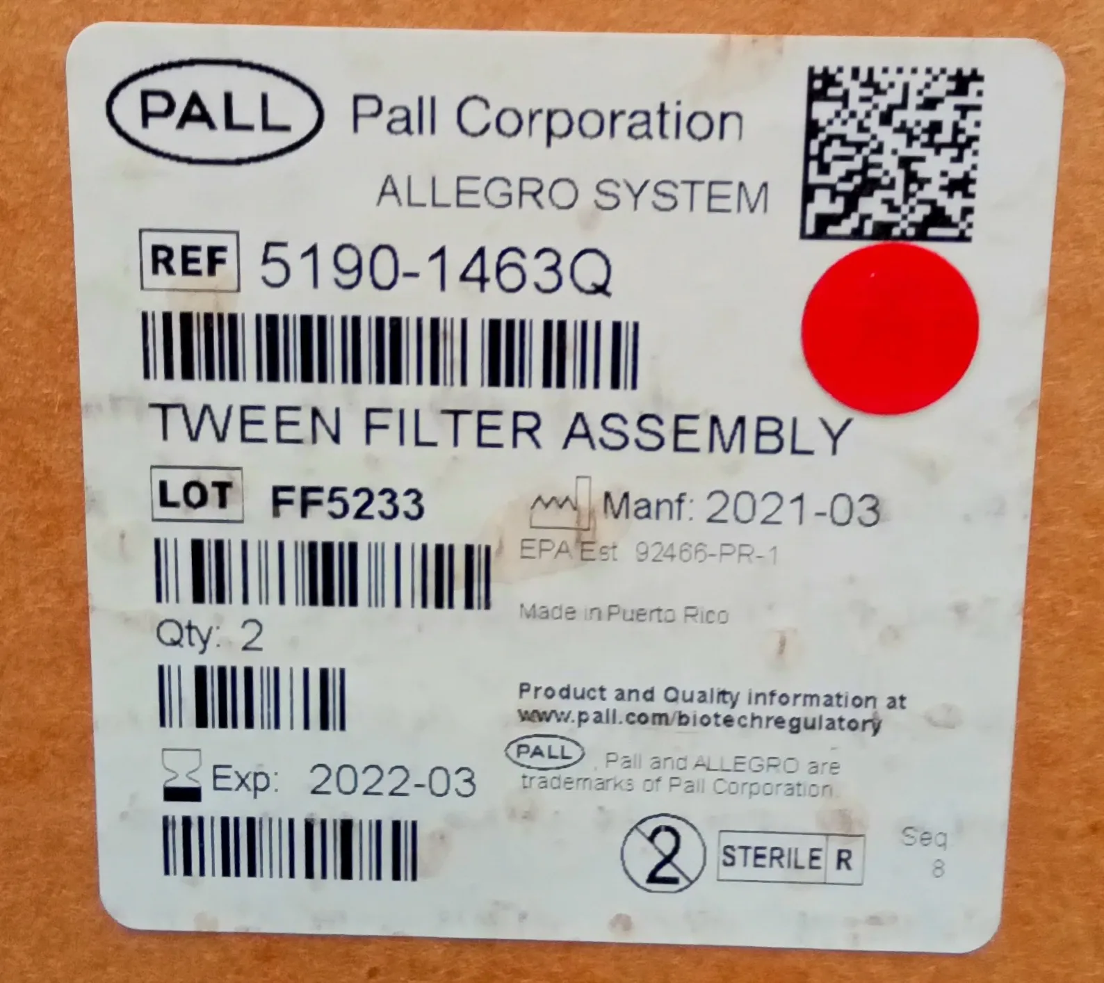 Pall Tween Filter Assembly (Qty 12 total units)