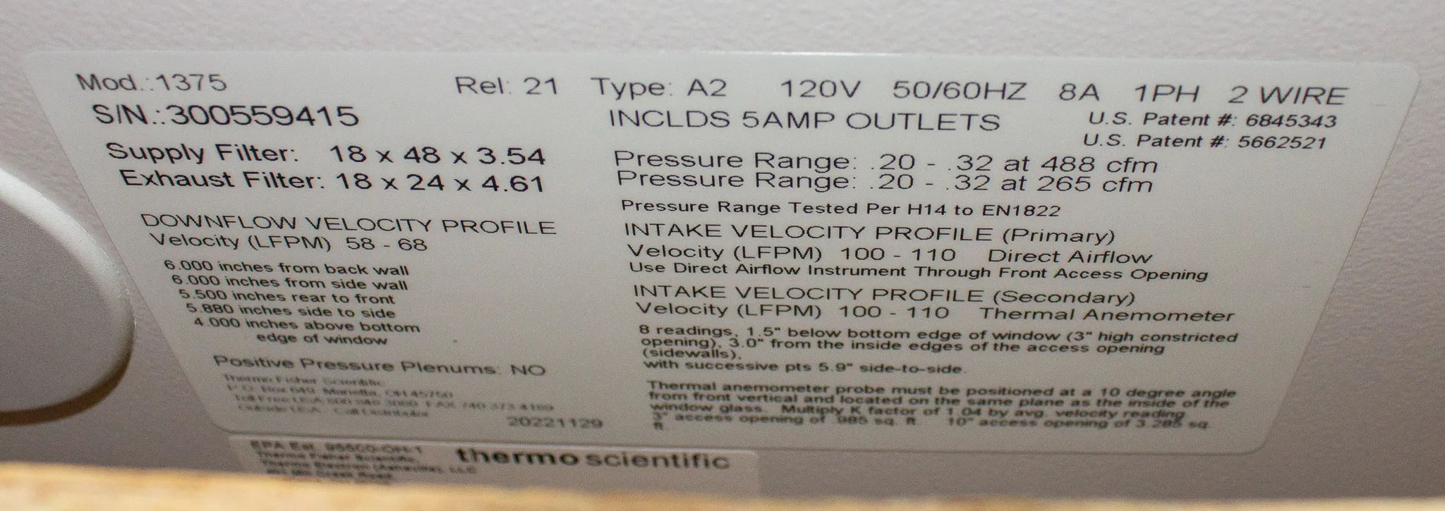 Thermo Scientific 1300 Series Class II, Type A2 Biological Safety Cabinet Model 1375