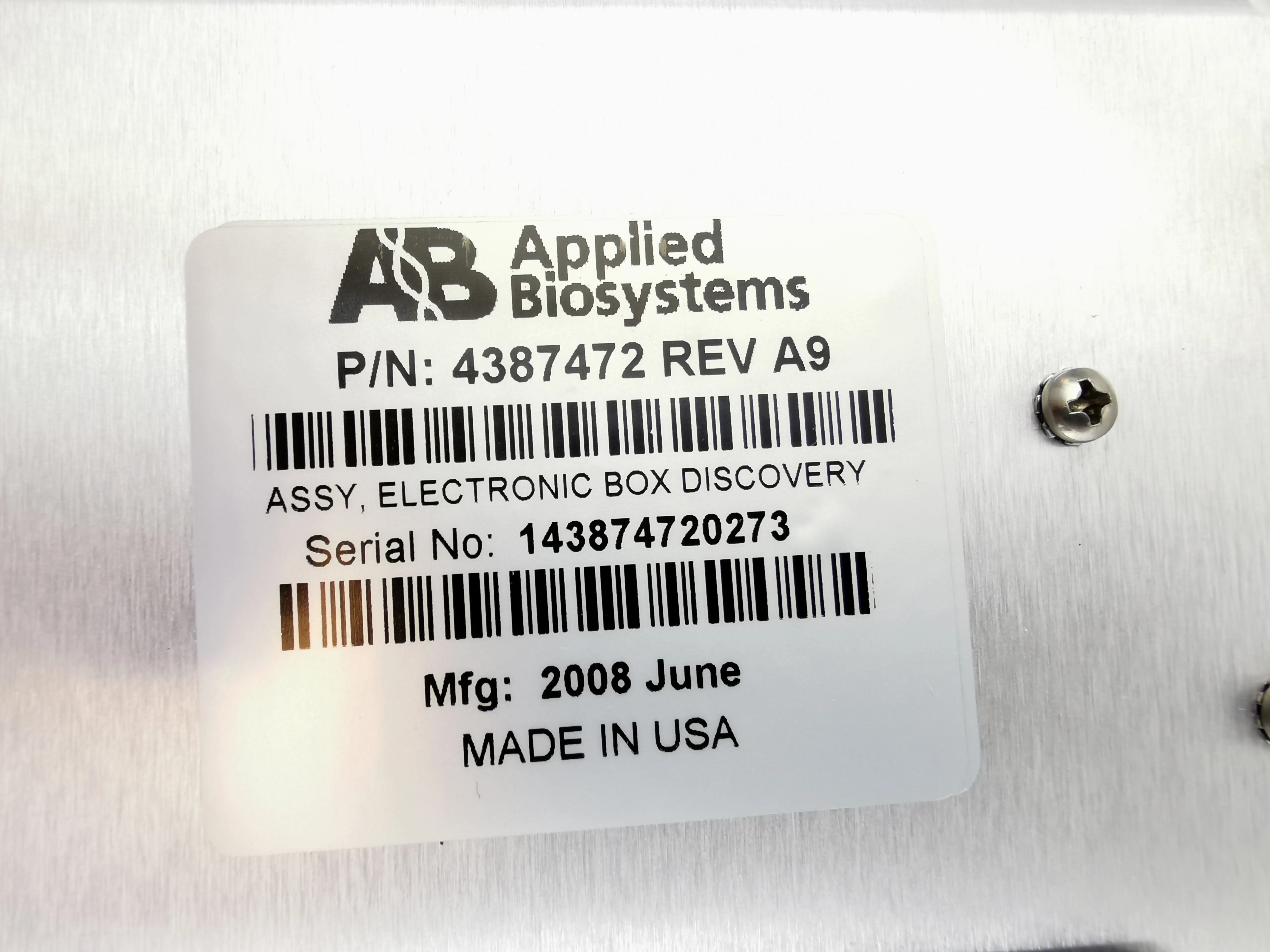 Applied Biosystems Assy, Electronic Box Discovery P/N 4387472 Rev A9 S/N 143874720273