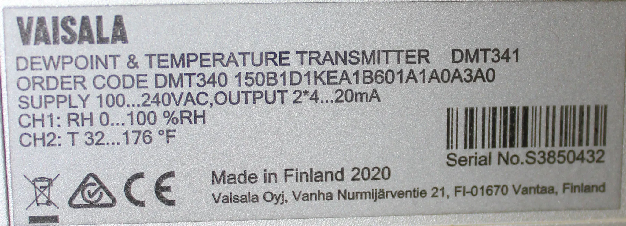 VAISALA DMT340 Dew Point and Temperature Transmitter (Display - Remote Probe)