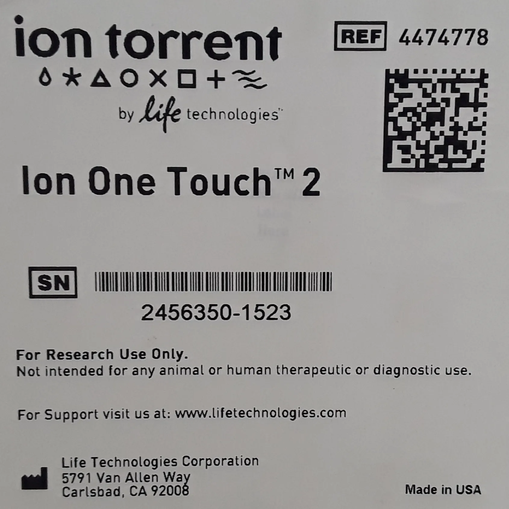 Ion OneTouch 2 Instrument for Ion Semiconductor Chip Template Amplification