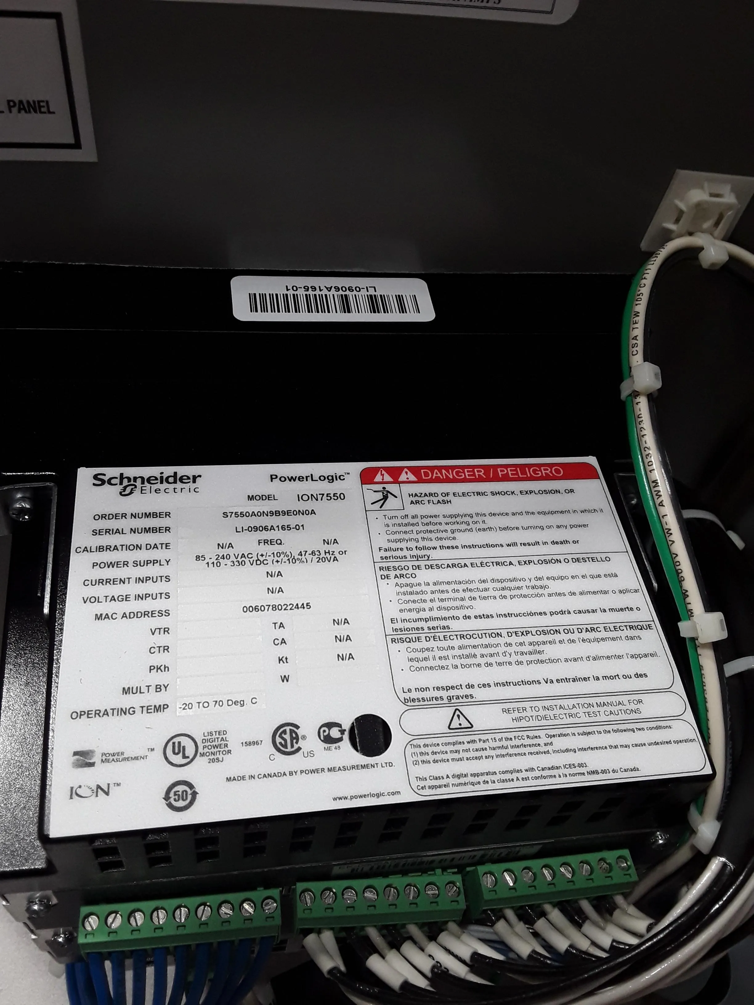 Square D PowerLogic ION7550 Class 1 Accessory Meter with Saginaw SCE Type 12 Enclosure