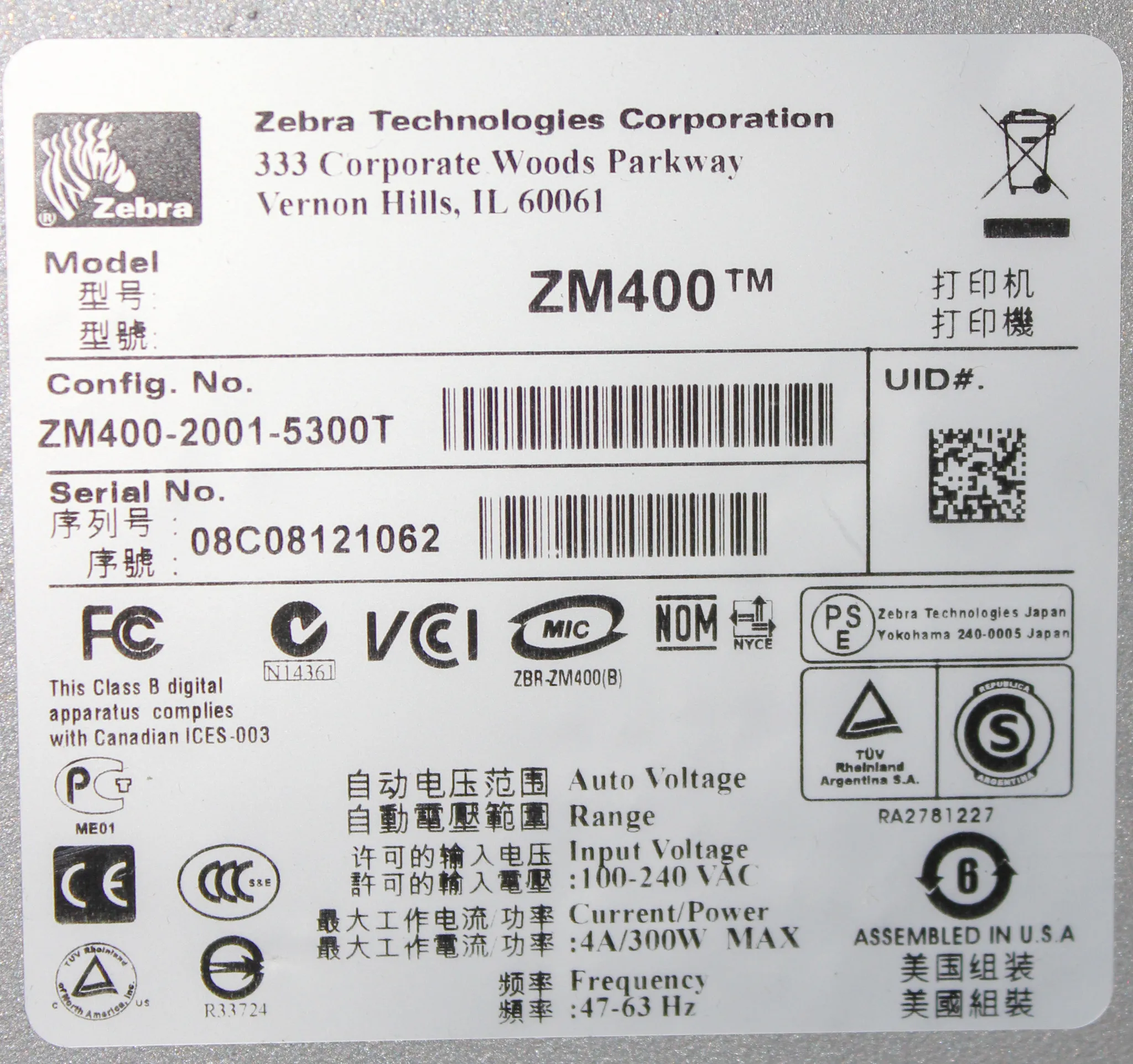 Zebra ZM400 Direct Thermal Transfer Label Barcode Printer