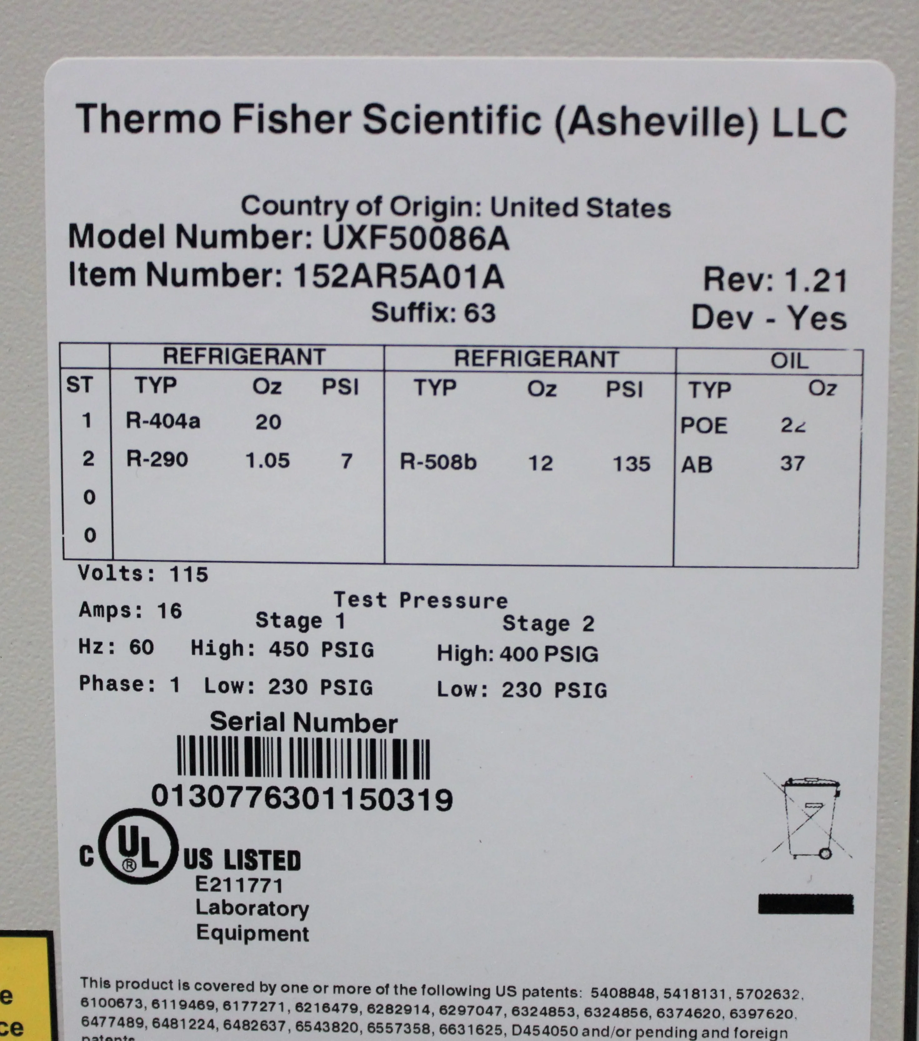 Thermo Scientific Revco UxF -86C Upright Ultra-Low Temperature Freezer UXF50086A 115V/60Hz