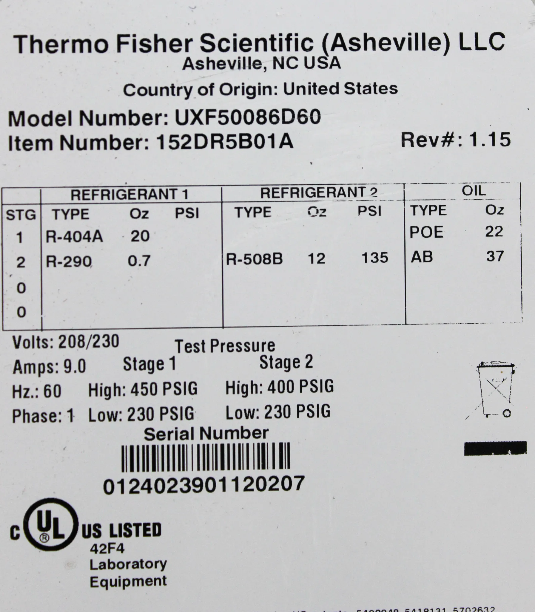 Thermo Fisher Scientific UXF50086D60 Ultra Low Freezer