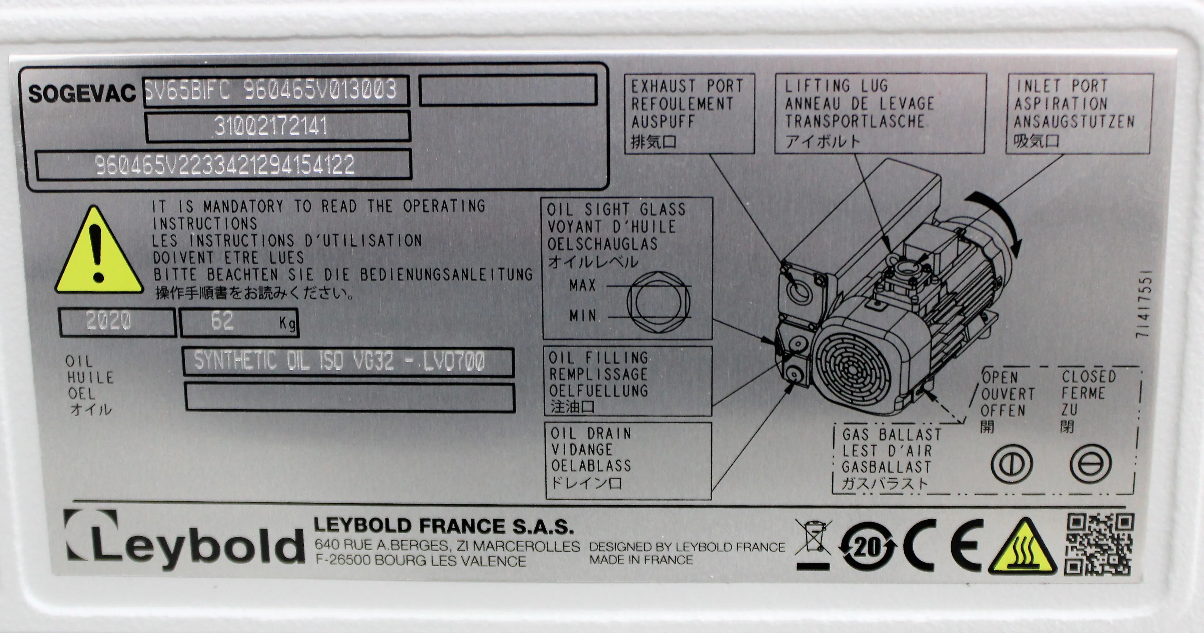 Leybold SOGEVAC SV65BIFC Vacuum Pump 220V 50/60Hz