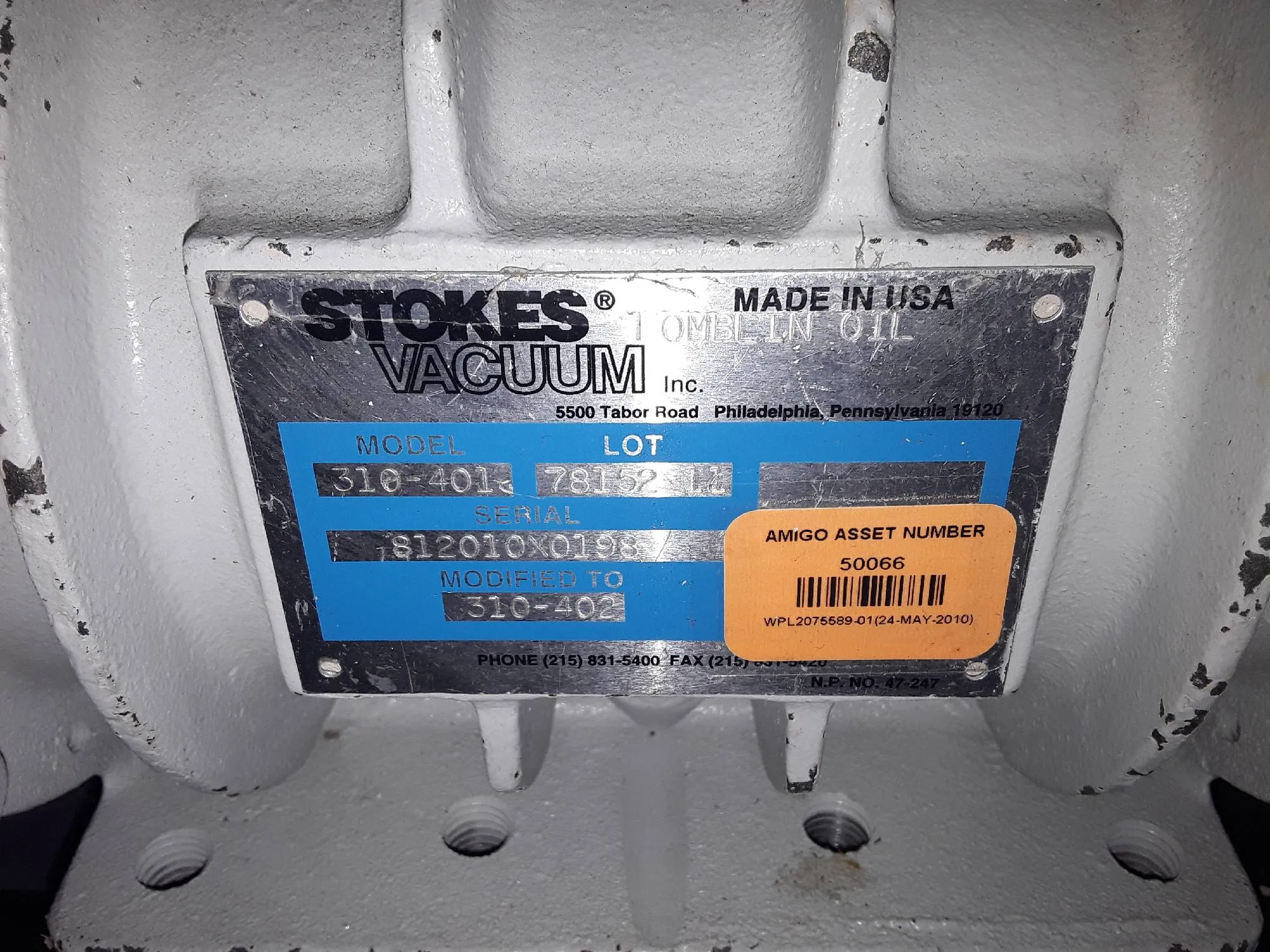 Stokes Vacuum 310-402 High Vacuum Booster Pump 2HP/ 400CFM