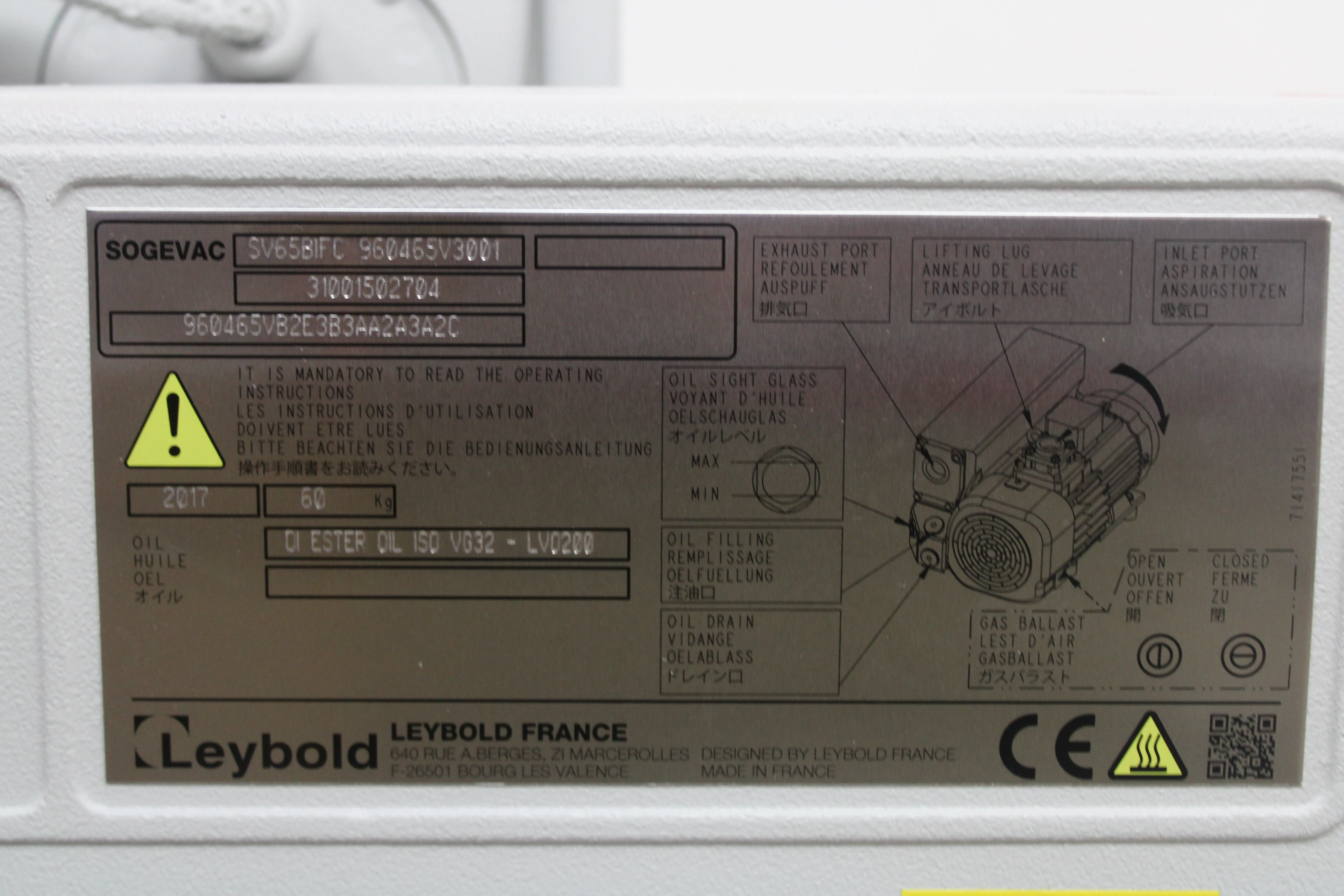 Used Leybold SOGEVAC SV 65 BI FC Vacuum Pump 120V/220V 50Hz/60Hz 30-Day Warranty