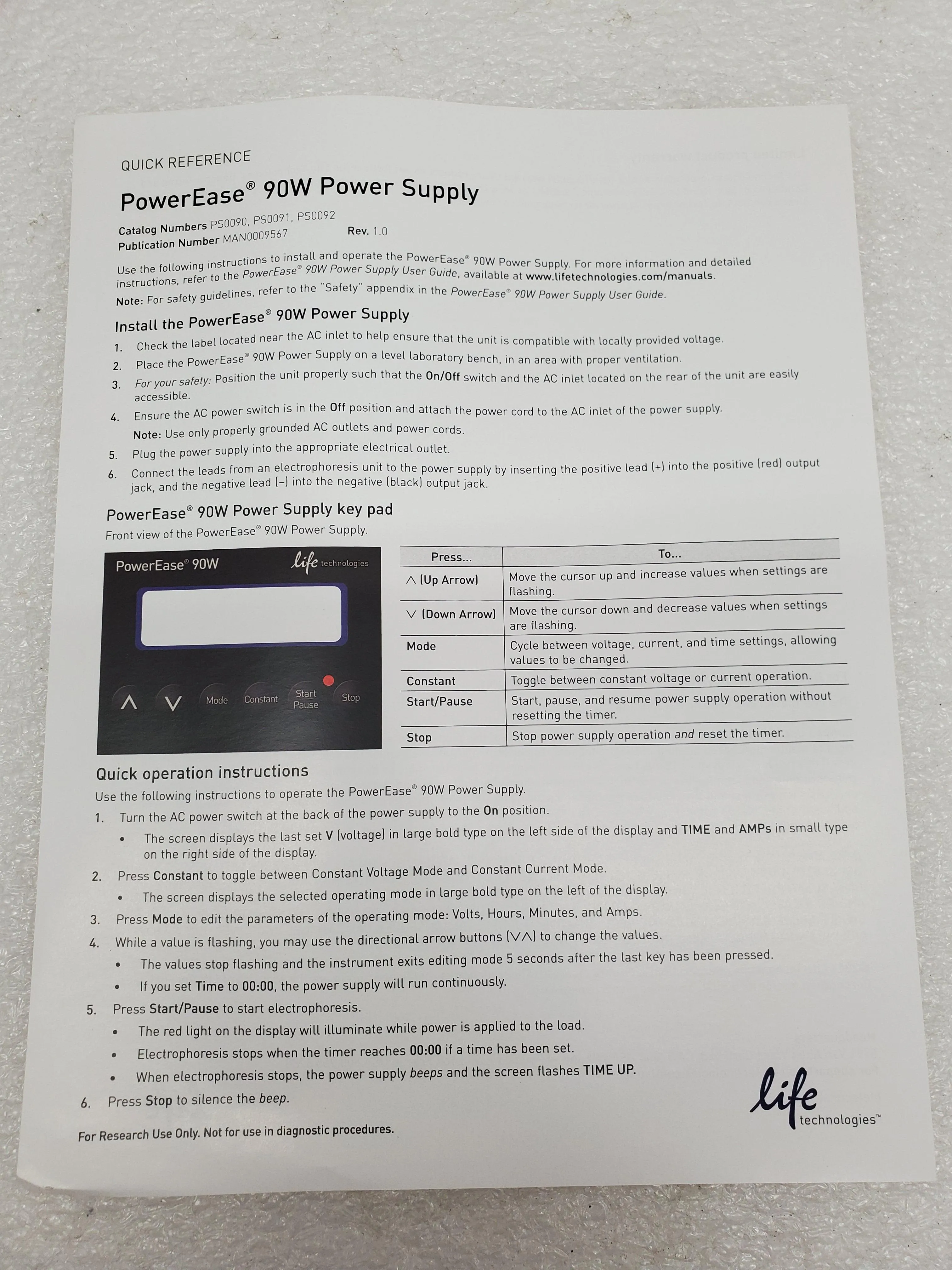 Life Technologies PowerEase 90W Power Supply PS0090