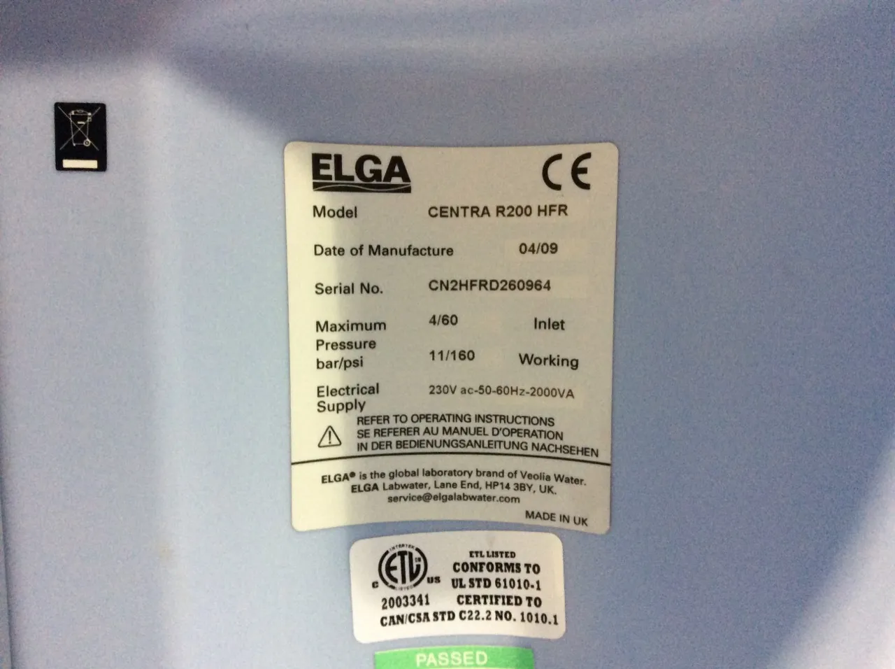 Elga Centra R200 HFR Water Purification System