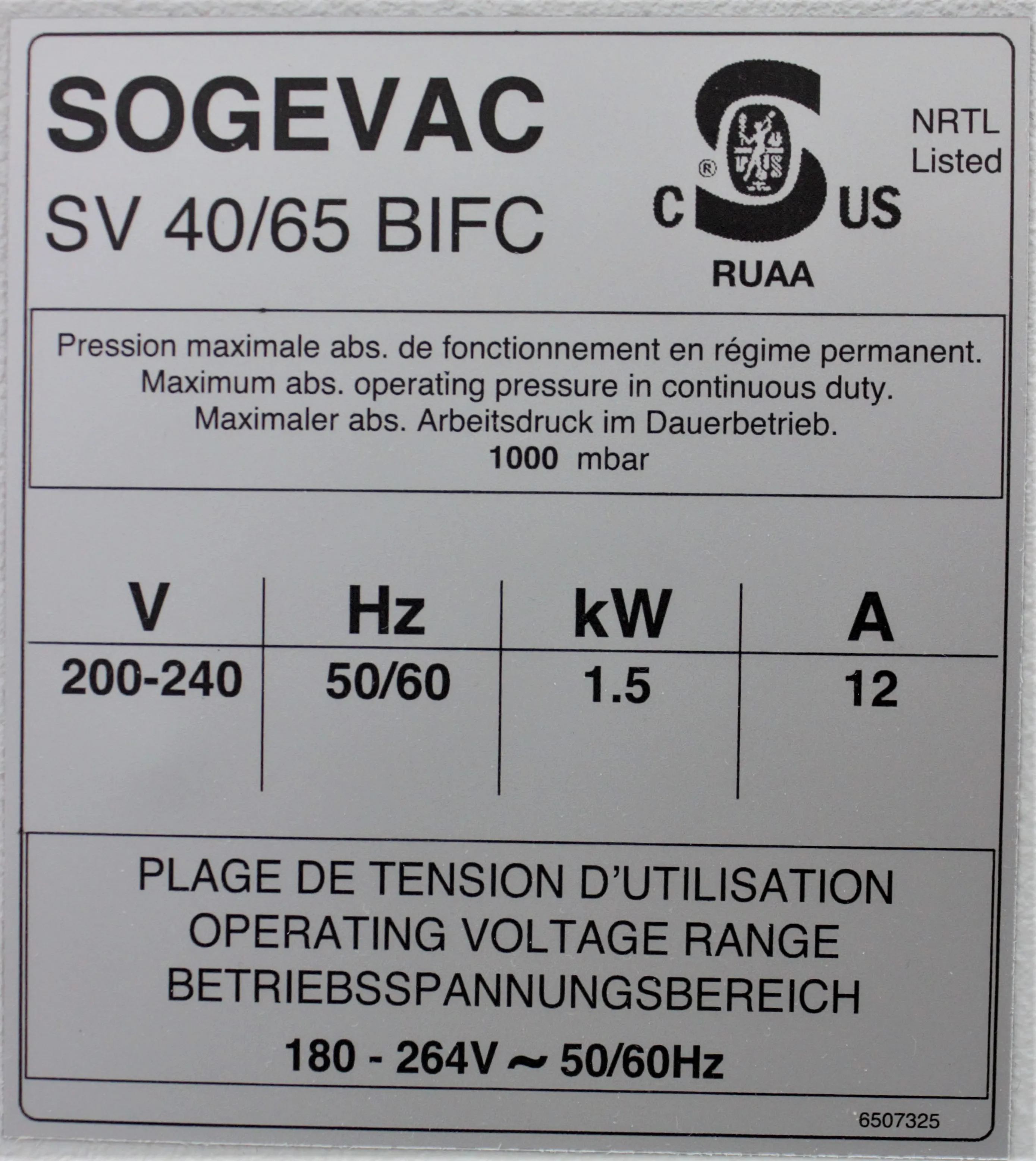 Sogevac SV40-65 BI FC Single-stage, oil-sealed rotary vane pump, Used, Very Good Condition, 220V