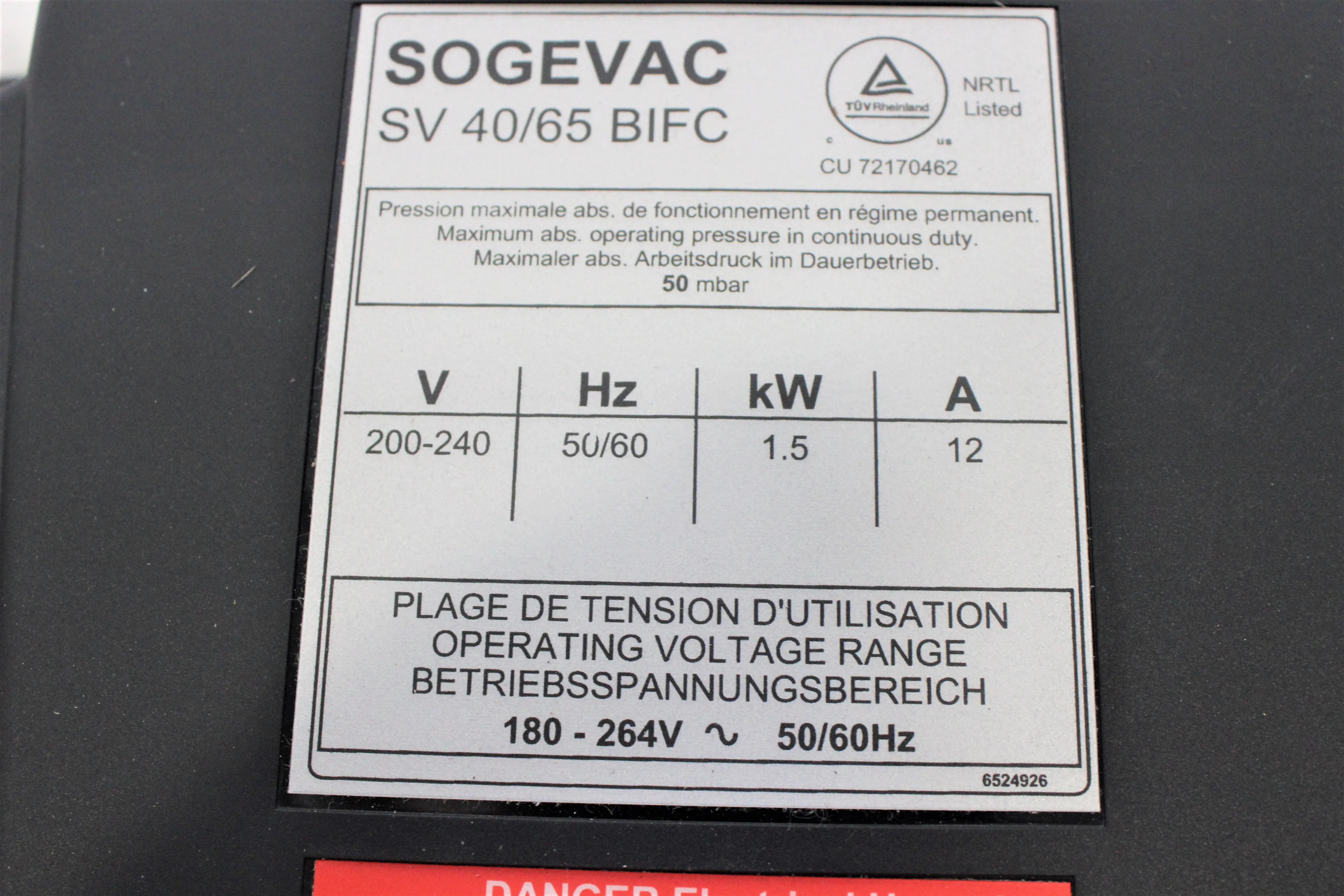 Leybold Sogevac SV40/65 BI FC Vacuum Pump - Used, 240V