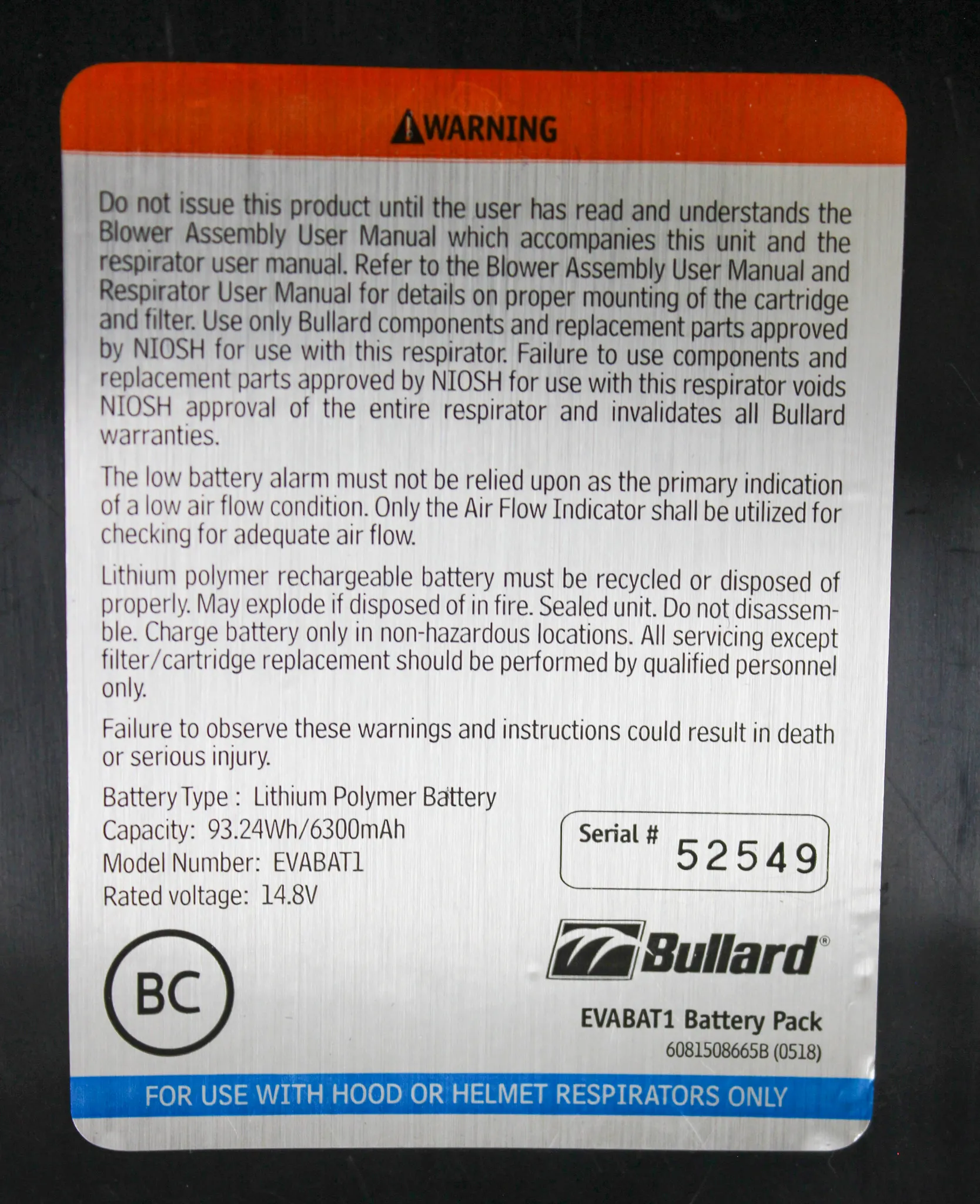 Bullard Evabat1 PAPR Lithium Battery Pack with Charger