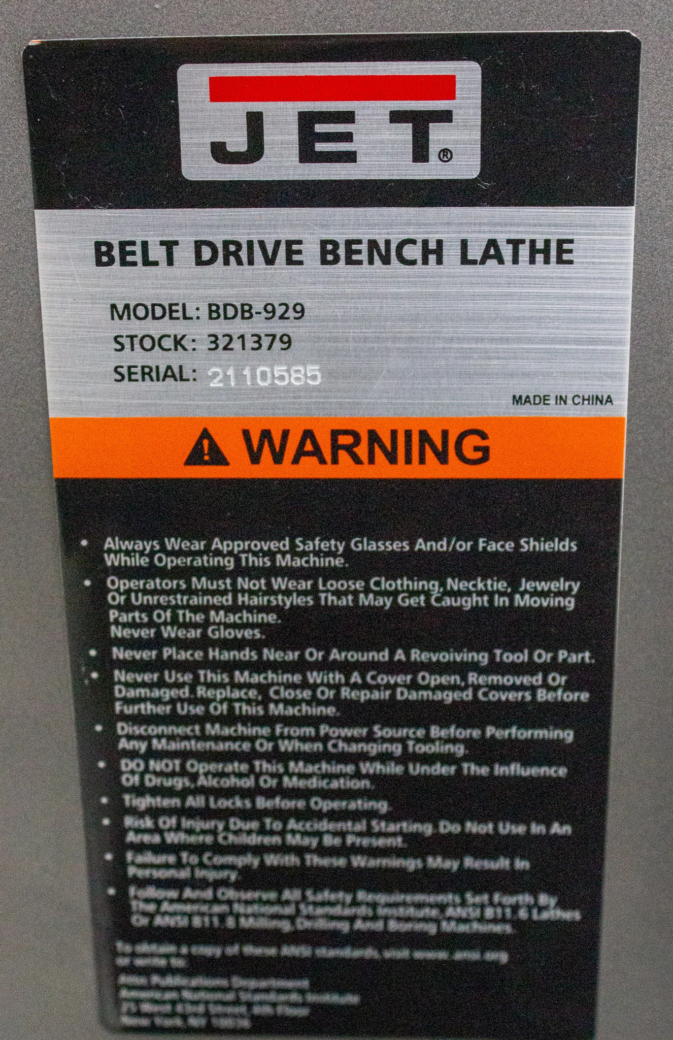 JET Belt Drive Bench Lathe with Stand Model BDB-929 