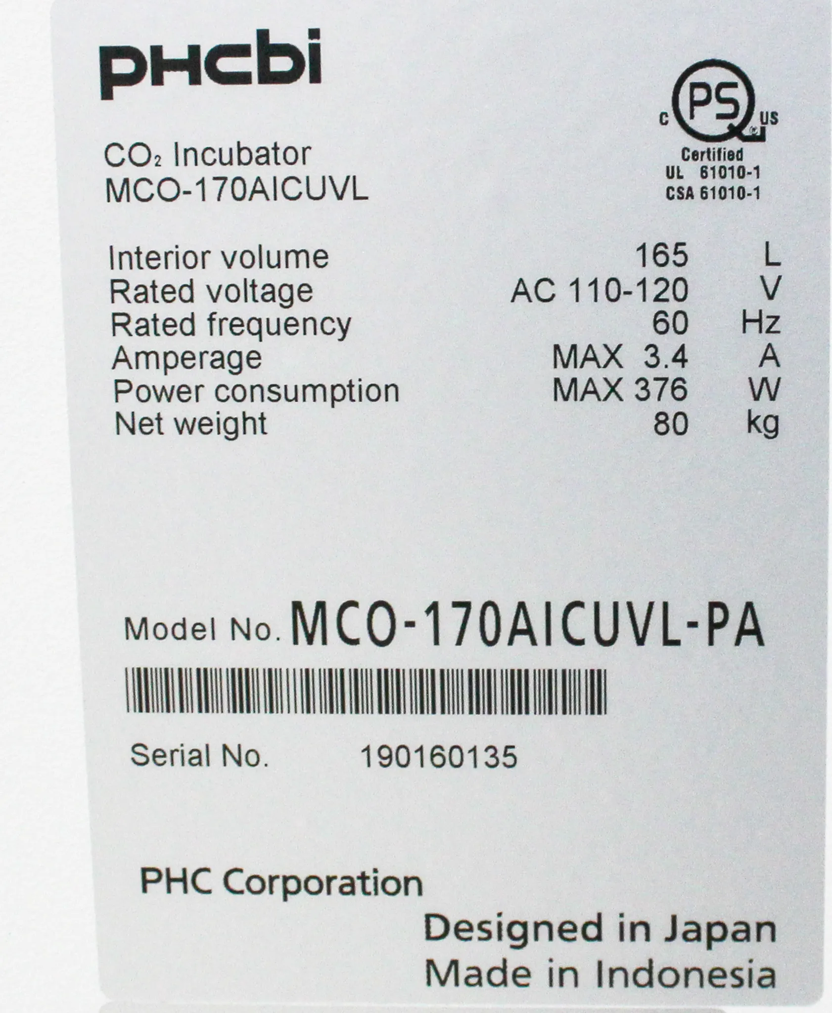 PHCBI Cell-IQ Series 5.8 cu.ft. CO2 Laboratory Incubator MCO-170AICUVL-PA