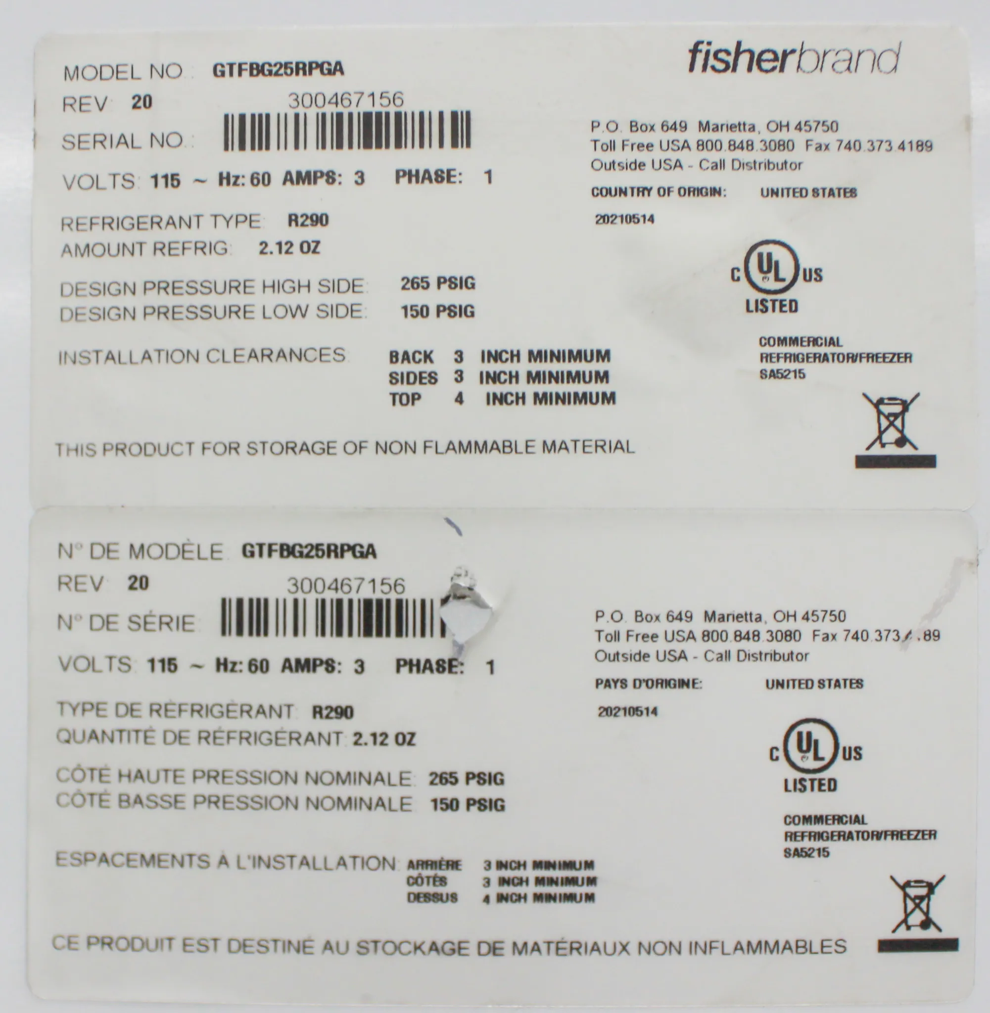 Fisherbrand Isotemp General Purpose Laboratory Refrigerator Model GTFBG25RPGA