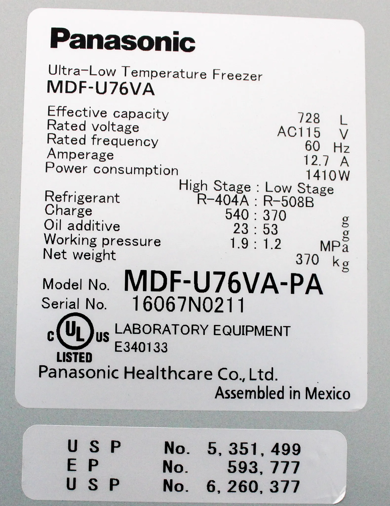 Panasonic VIP Plus Series MDF-U76VA-PA Ultra Low Temperature Freezer -80C  For Parts