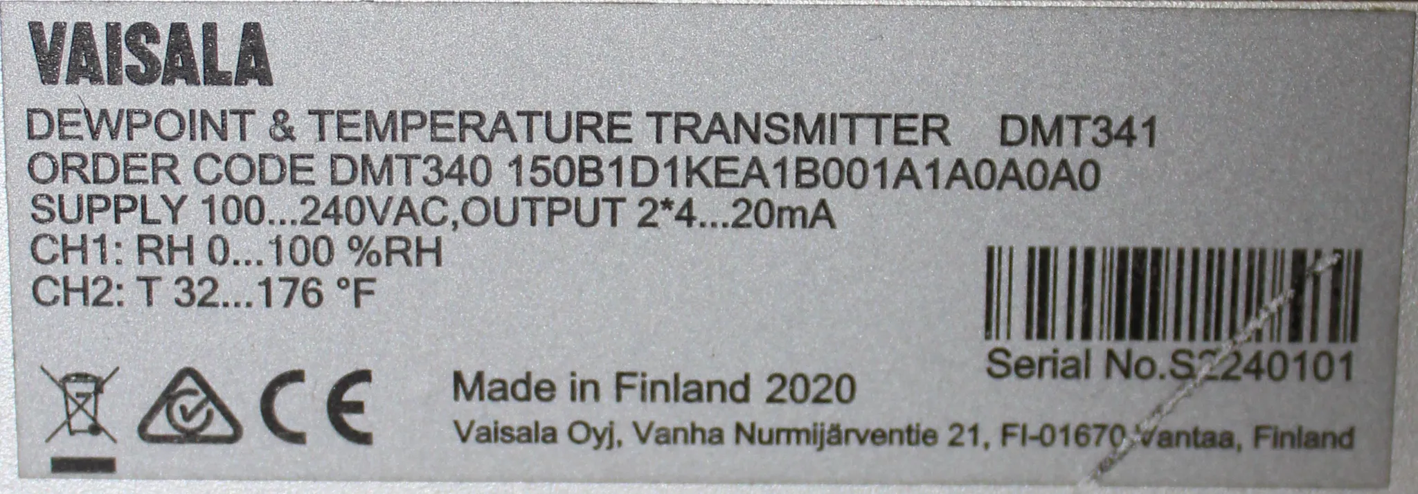 Vaisala DMT340 Dew Point and Temperature Transmitter (Display - Remote Probe)