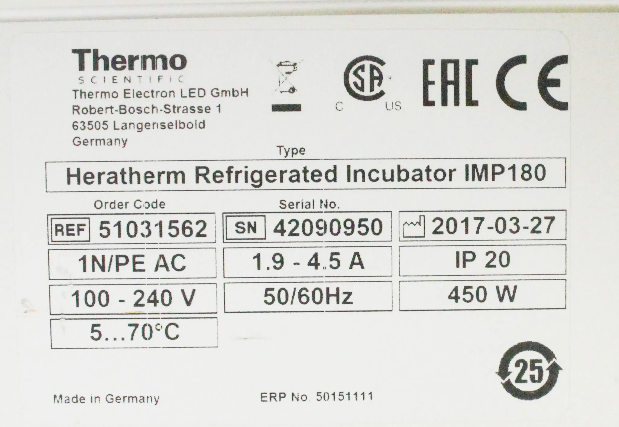 Thermo Scientific HeraTherm Refrigerated Incubator IMP180 CAT#51031562