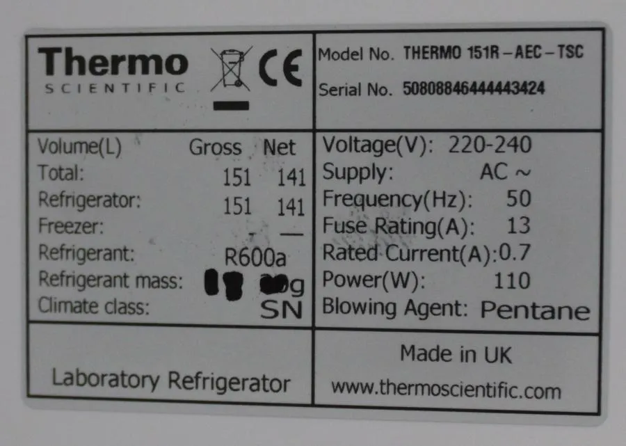 Thermo Scientific 151R-AEC-TSC +5C Refrigerator Ca As-is, CLEARANCE!