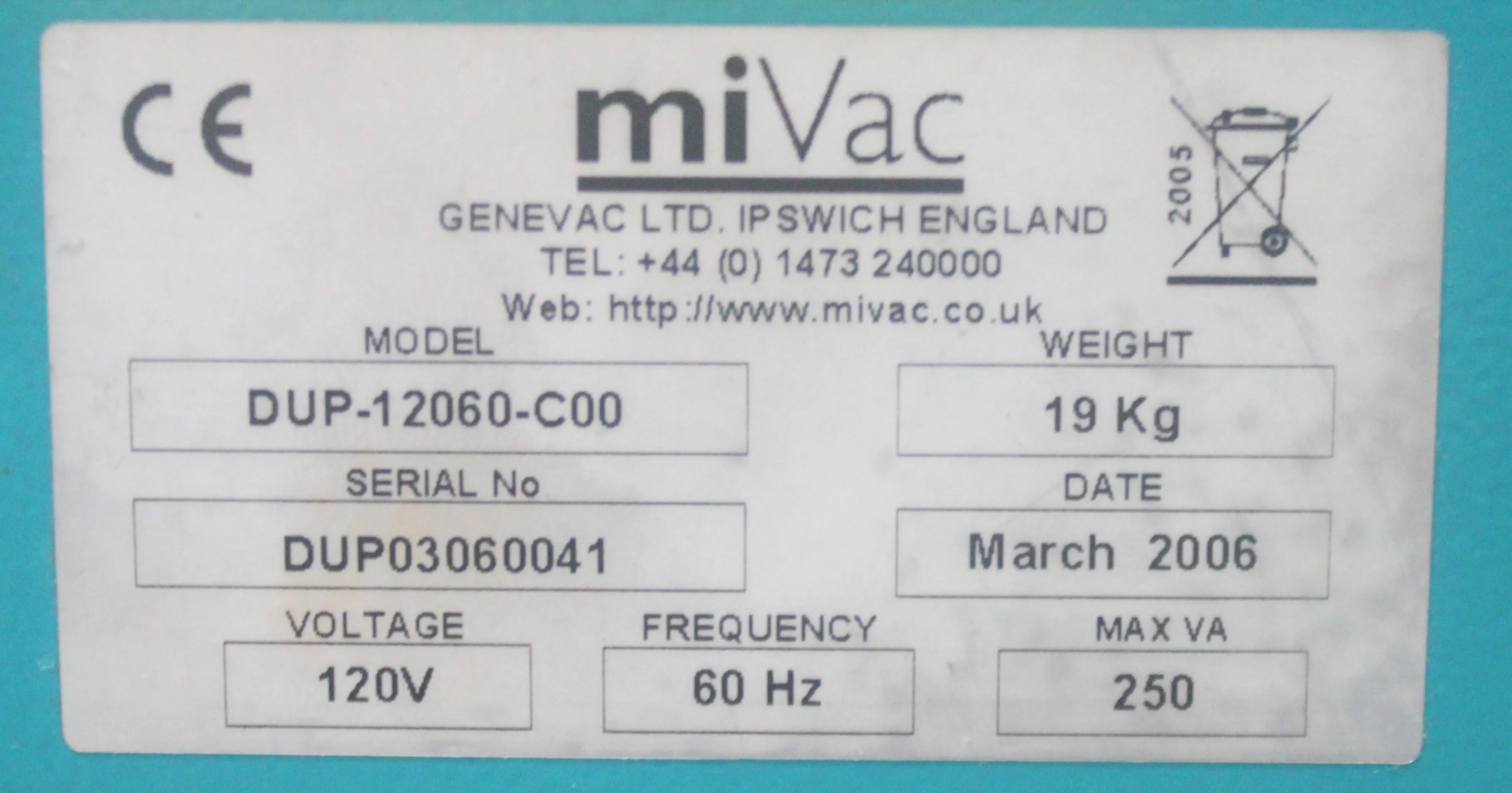 Genevac miVac Centrifugal Concentrators Class 2 Used 230V