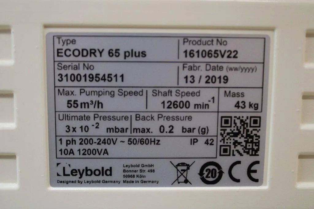 Leybold Sogevac Ecodry 65 Plus Dry-Compression Vacuum Pump 240V, Very Good Condition, As-Is Warranty