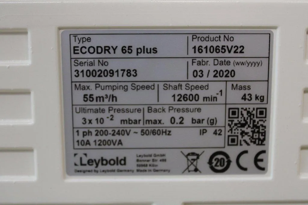 Leybold Sogevac Ecodry 65 Plus Dry-Compression Vacuum Pump with Acoustic Insulation and Silencer