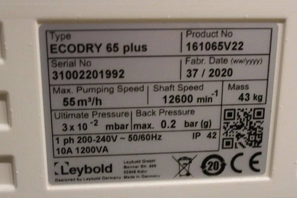 Leybold Sogevac Ecodry 65 Plus Dry-Compression Multi-Stage Roots Vacuum Pump