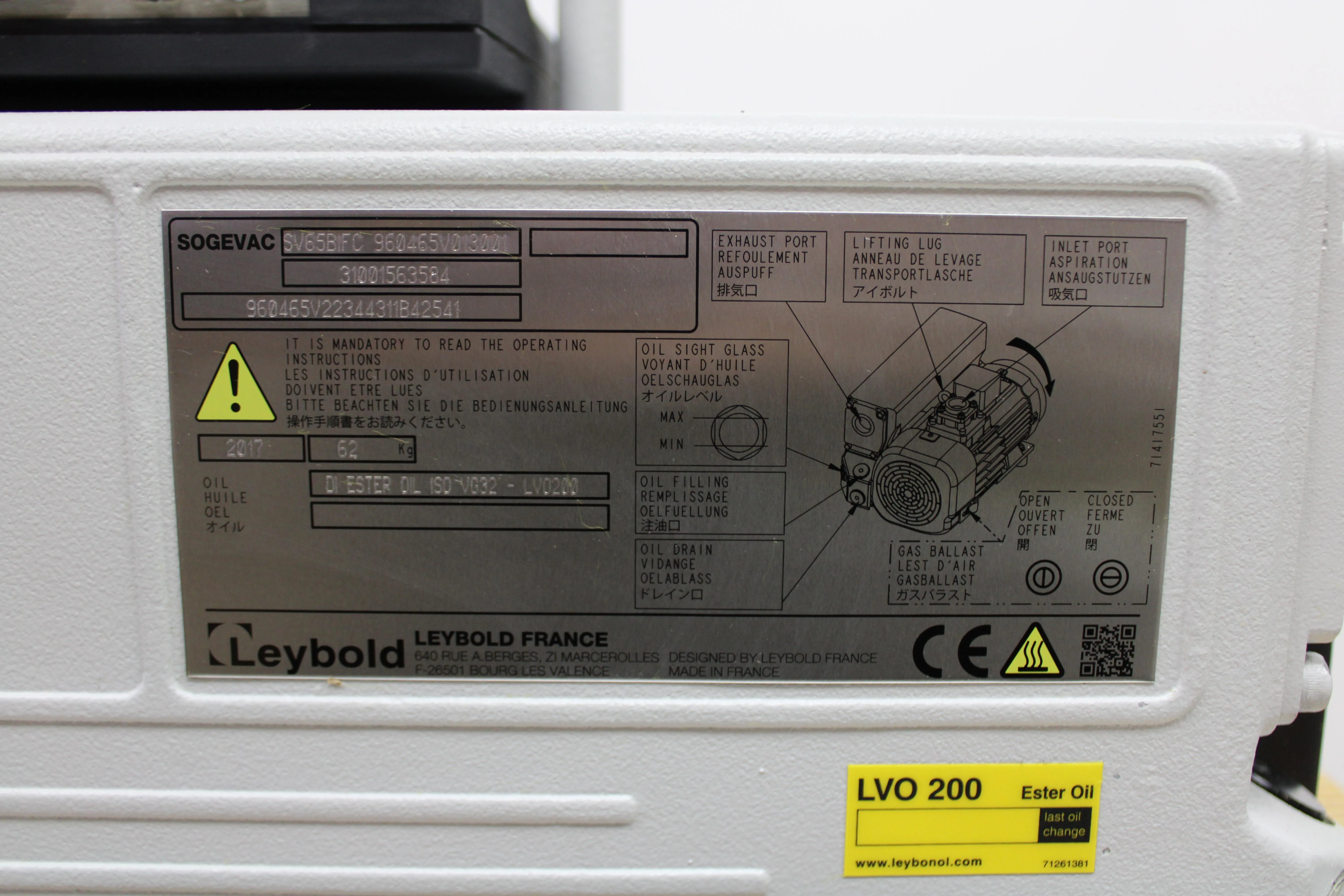 Leybold SOGEVAC SV 65 BI FC Oil Sealed Vacuum Pump 960465V0130001, 2017, G (Good)