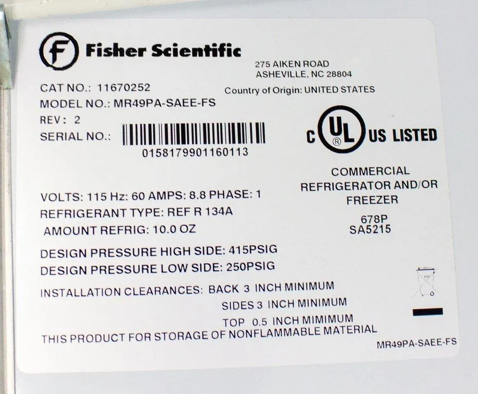 Fisher Scientific Isotemp Lab Refrigerator MR49PA-SAEE-FS Cat# 11670252