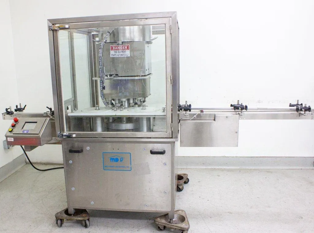 M & O Perry Industries Alu-Crimp Sealing Machine with Vibratory Bowl Feeder & Conveyor Model RPC