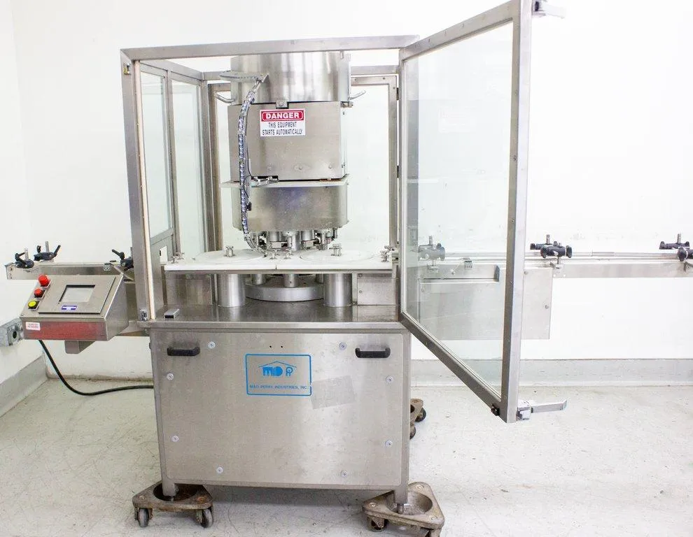 M & O Perry Industries Alu-Crimp Sealing Machine with Vibratory Bowl Feeder & Conveyor Model RPC