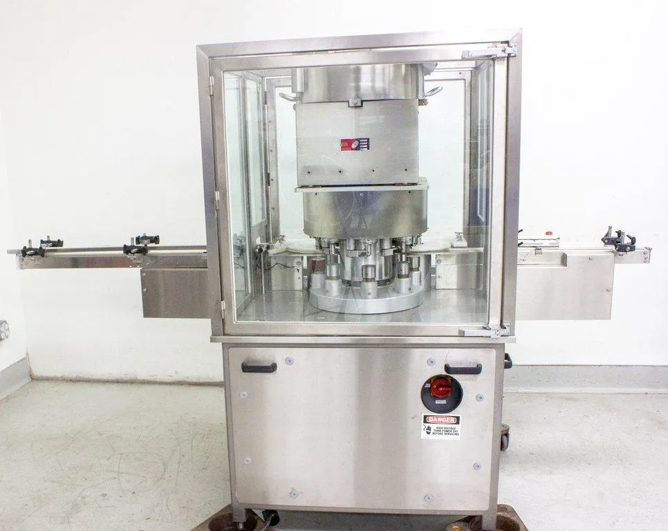 M & O Perry Industries Alu-Crimp Sealing Machine with Vibratory Bowl Feeder & Conveyor Model RPC