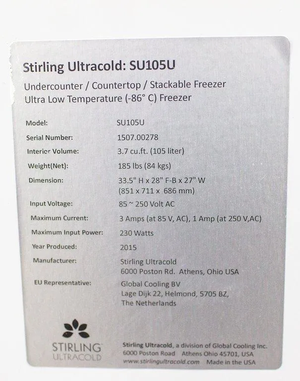 Stirling Ultracold SU105U Undercounter/Countertop/Stackable Freezer Ultra Low Temperature -86C