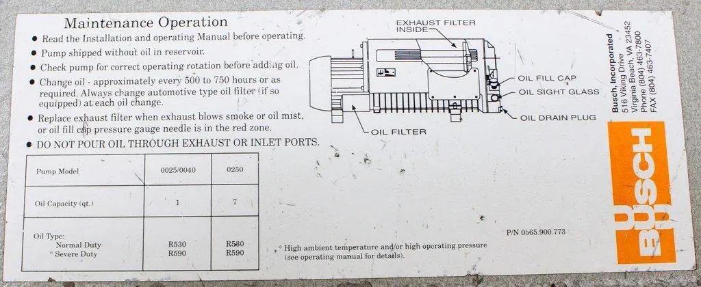 Busch RC-0250 Vane Vacuum Pump RC 0250-C406-1001 with Power Enclosure 0TMS-1-RC0250