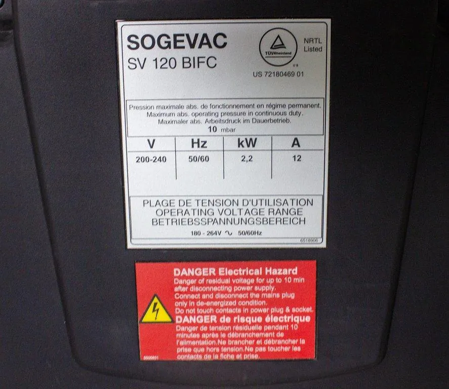 Leybold Sogevac SV 120 BIFC Vacuum Pump - 50Hz/60Hz