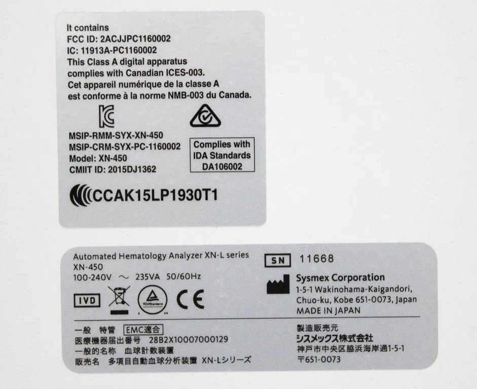 Sysmex Corporation XN-450 Automated Hematology Analyzer XN-L series