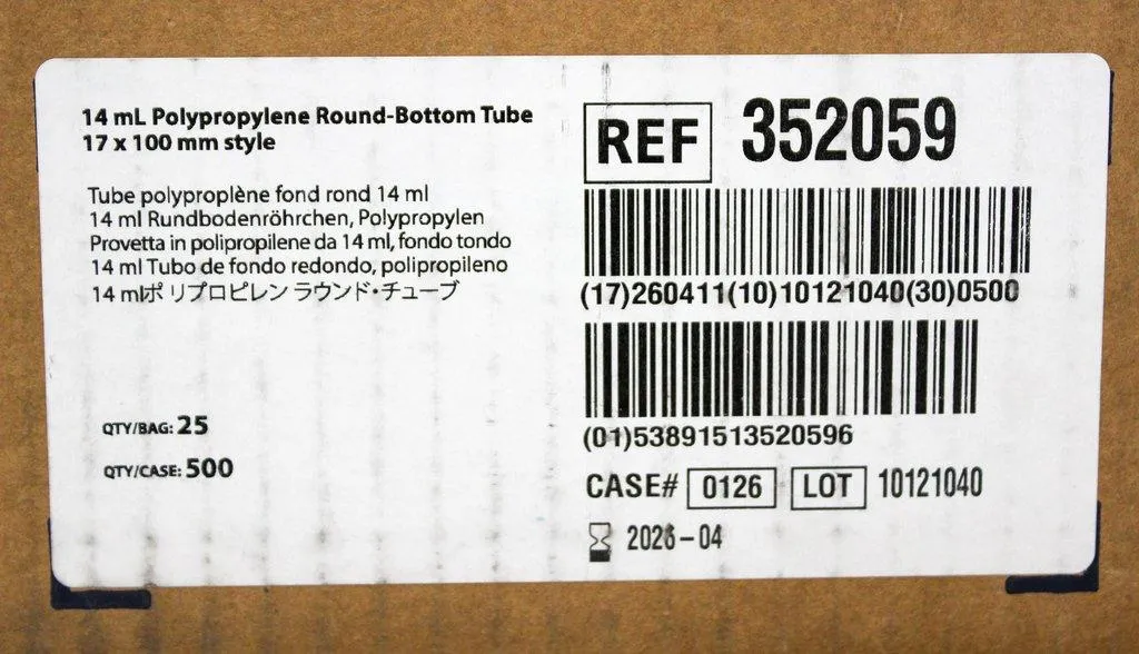 Falcon 376814/35209 14 mL Round-Bottom Test Tube, 250mL Conical Centrifuge Tube - 500/Case