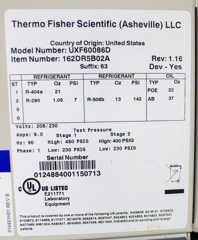 Thermo Scientific Revco UXF -80c Ultra Low Temperature Freezer UXF60086D