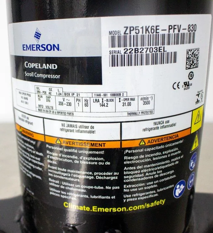 Emerson Copeland Scroll Compressor ZP51K6E-PFV-830